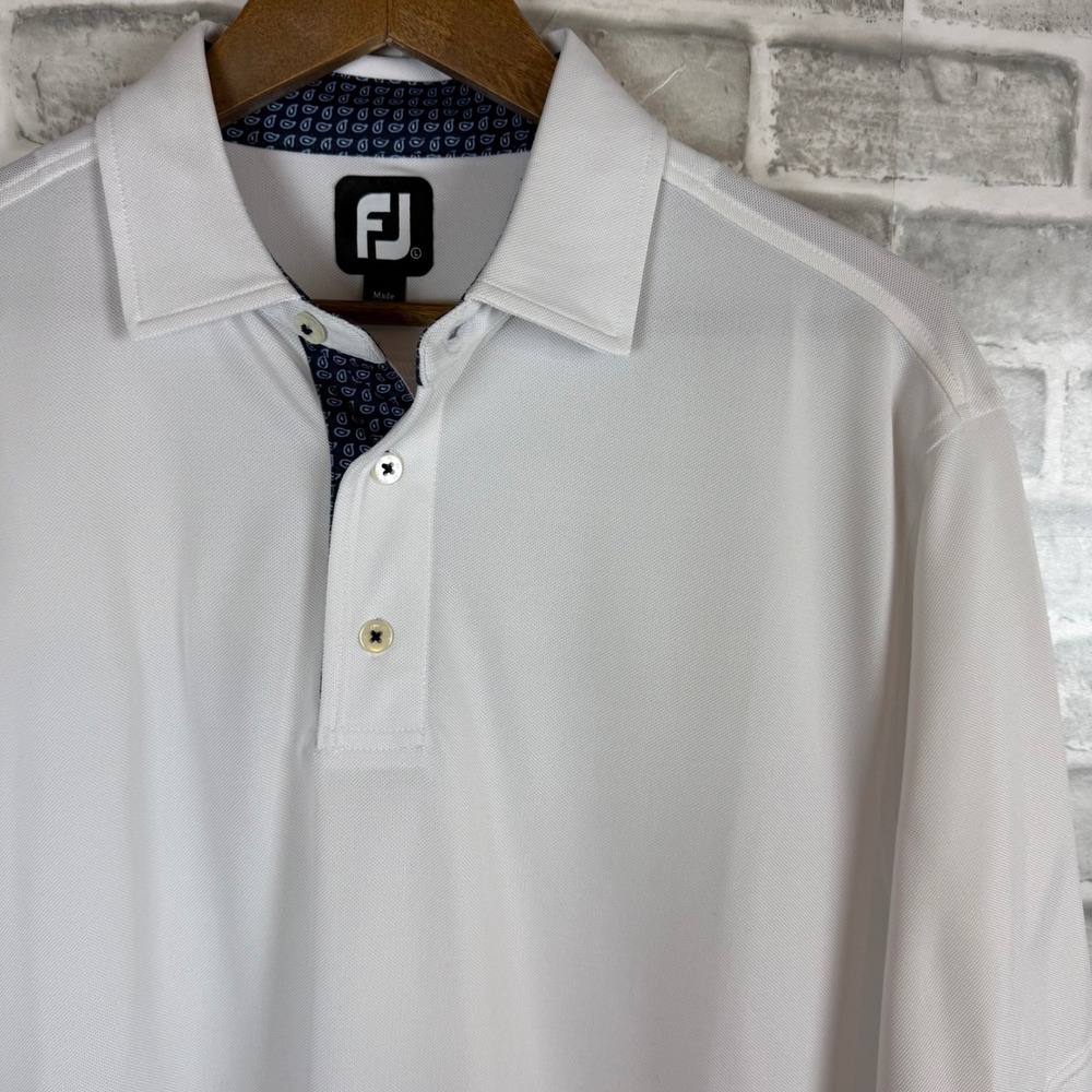 FootJoy Mens Solid White Performance Golf Polo Shirt Paisley Trim Size Large